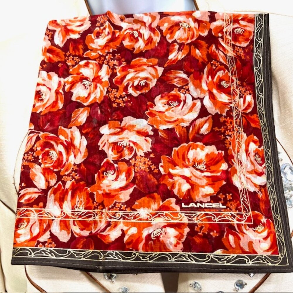 New Lancel Mini Scarf/Handkerchief 18" cotto, Orange Brown Gold Floral 93)